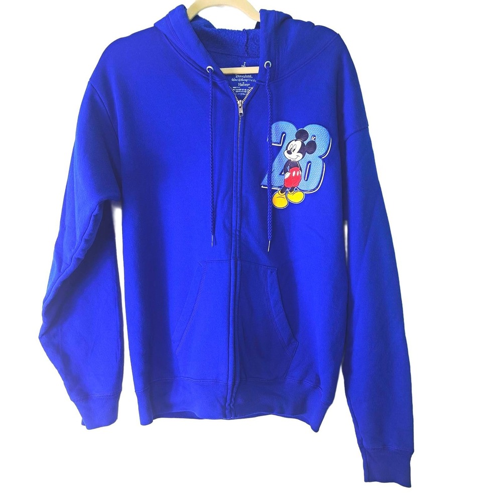 Disney Mickey Mouse Hoodie Blue Zip Up Sweatshirt Hanes Disneyland World Medium